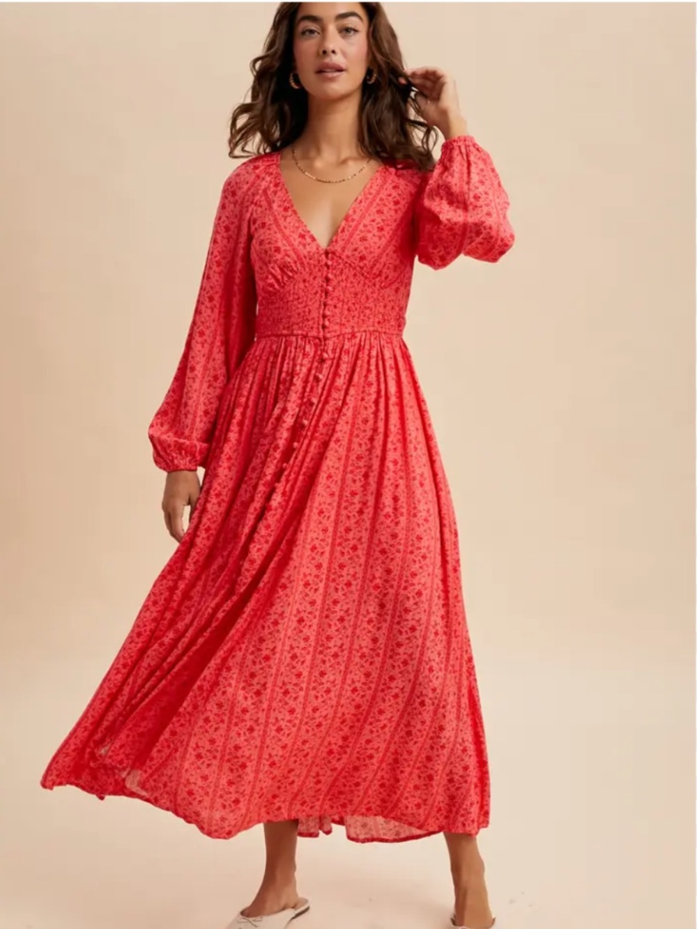 NWT In Loom Estrella Smocked V-Neck Maxi Dress boho festival medium